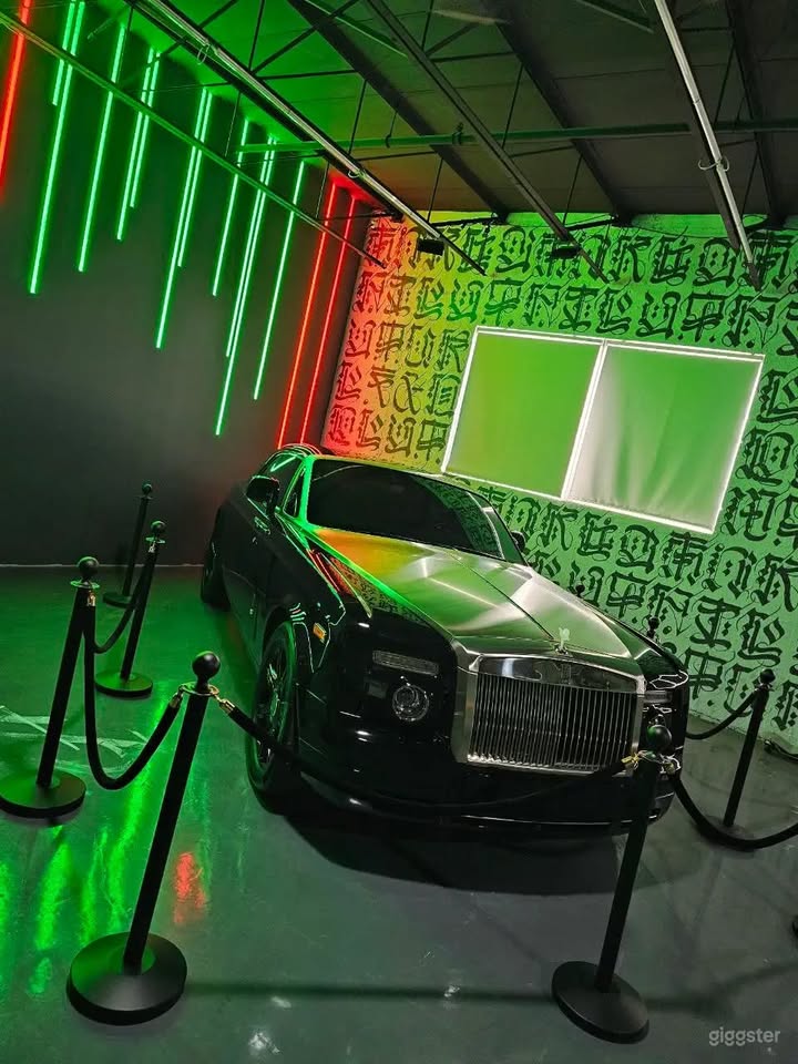 Display vehicle behind stanchions under neon lighting