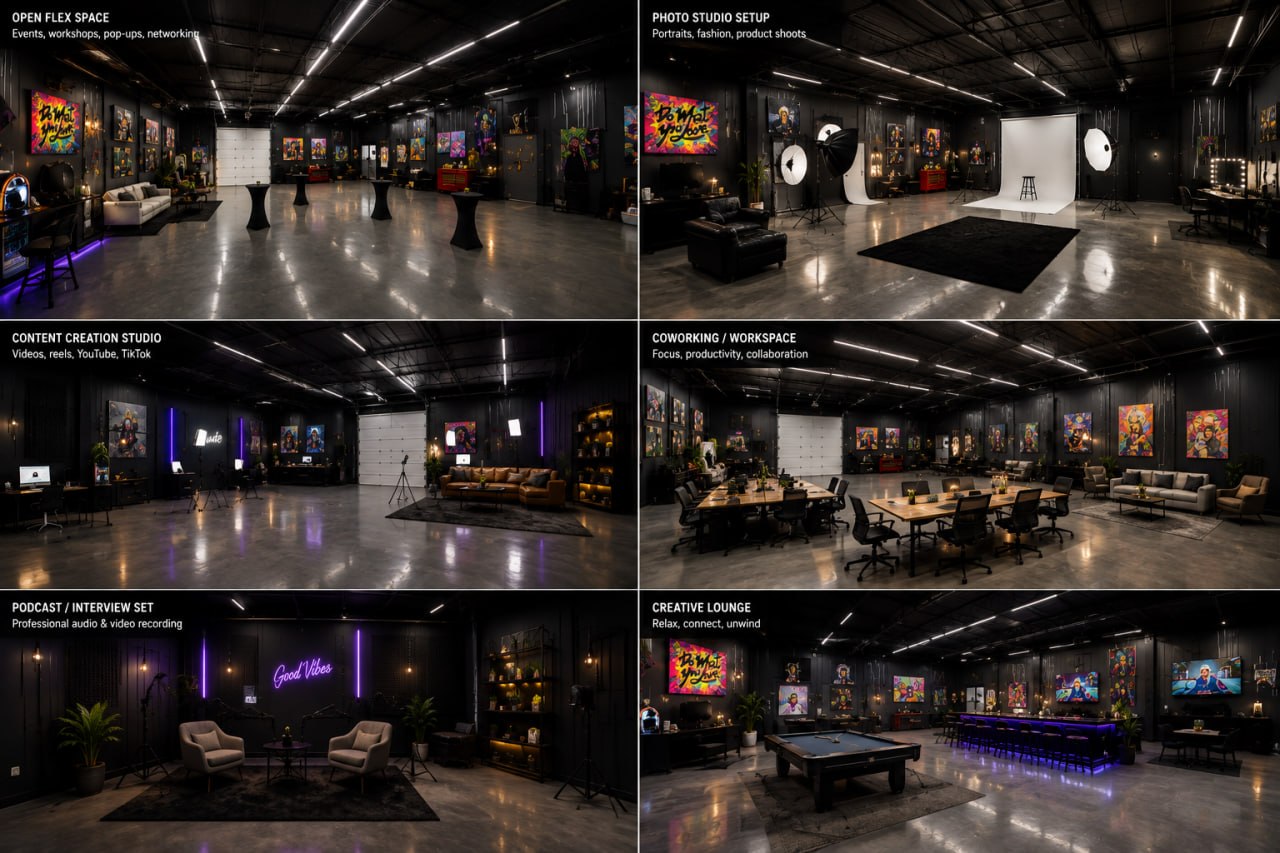 Six ways to use the space — flex events, photo studio, content creation, coworking, podcast set, and creative lounge